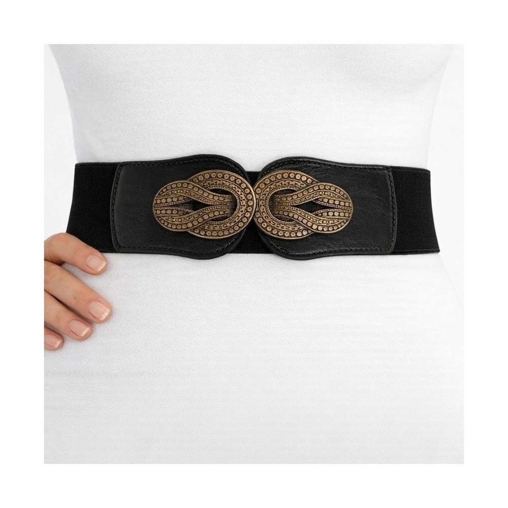 ModCloth Womens Black Elastic Cinch Belt Brass Interlocking Buckle New RN138432